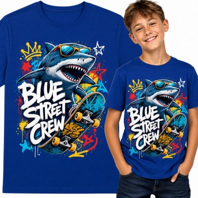 Koszulka chłopięca z rekinem na deskorolce „Blue Street Crew” w stylu graffiti