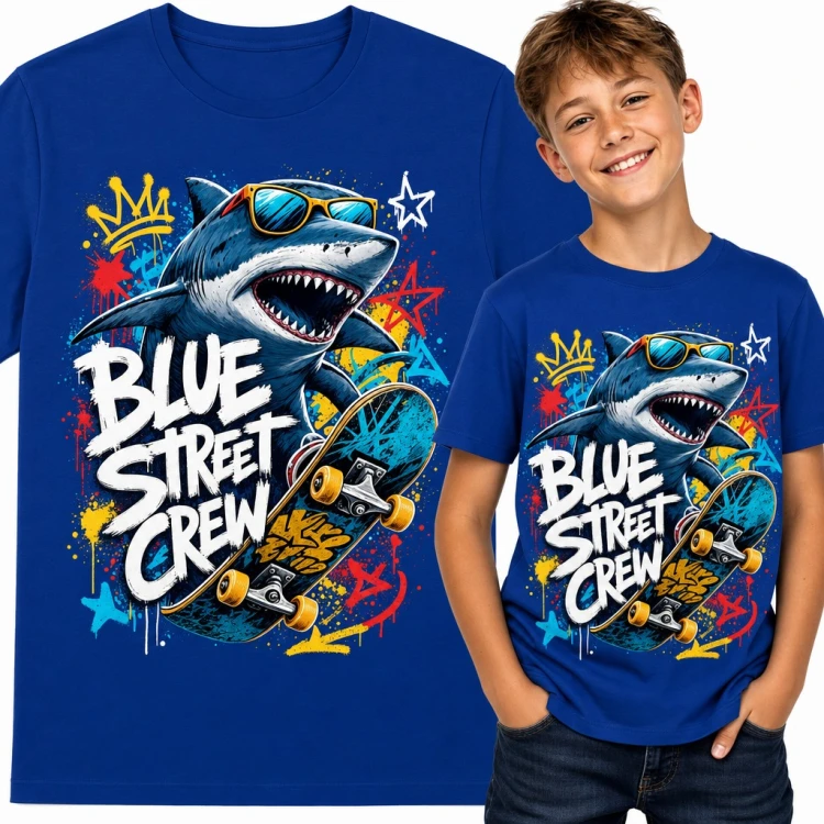 Koszulka chłopięca z rekinem na deskorolce „Blue Street Crew” w stylu graffiti