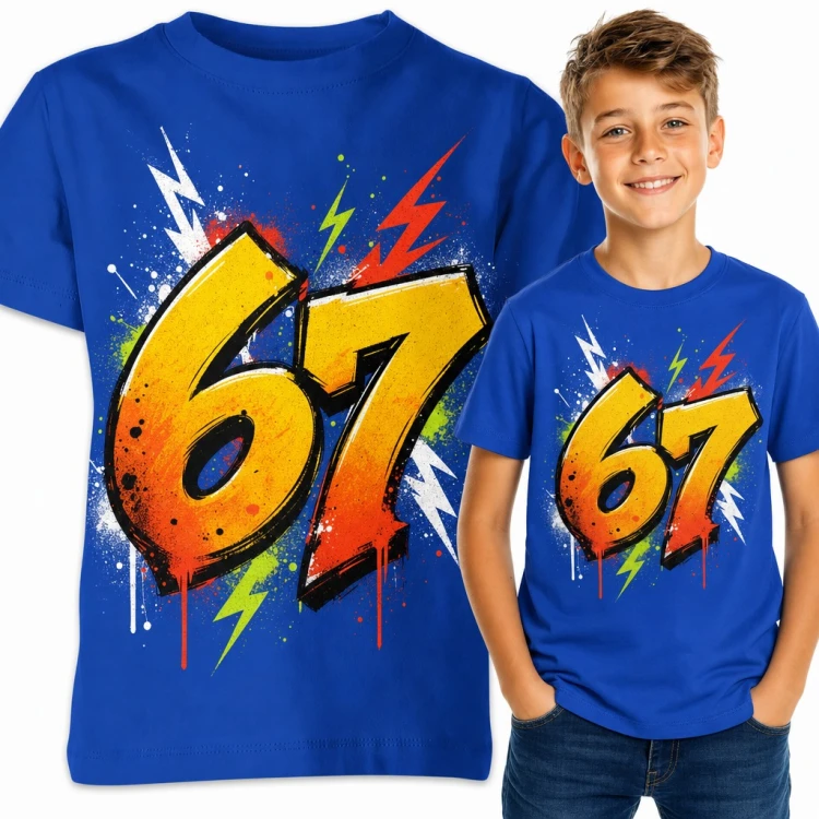 Koszulka chłopięca „67” - graffiti z piorunami mem Six Seven