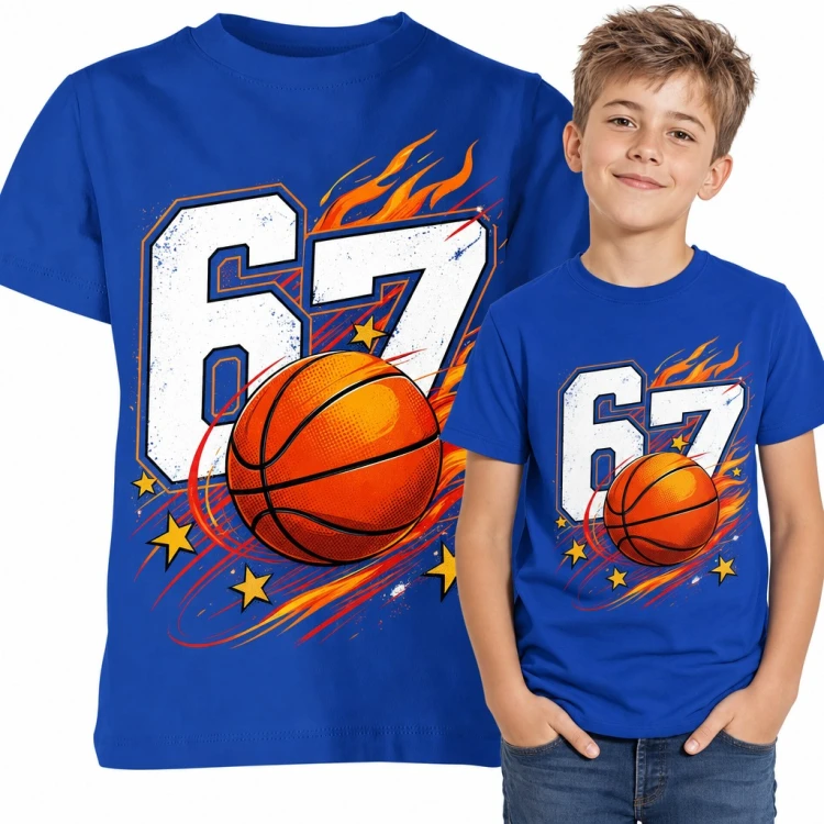 Koszulka chłopięca „67” Six Seven z płonącą piłką do koszykówki