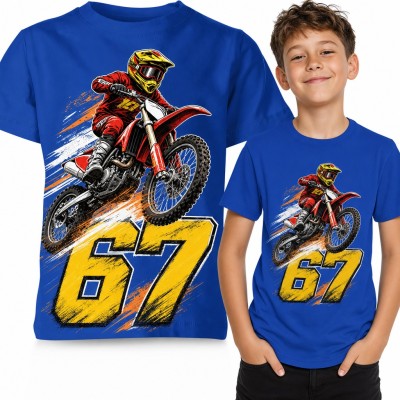 Koszulka chłopięca motocross „67” - zawodnik w skoku na crossie