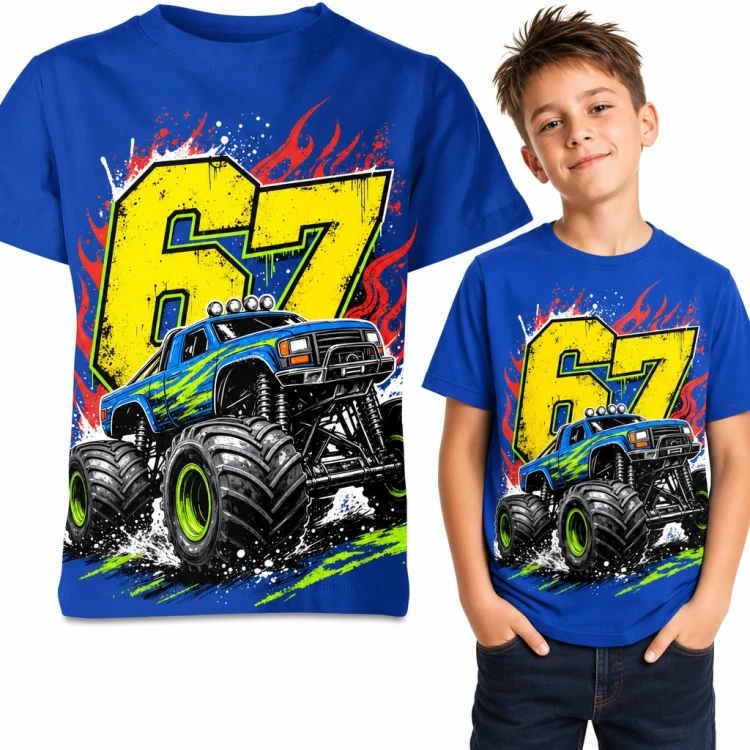 Koszulka chłopięca monster truck „67” - mem Six Seven z płomieniami