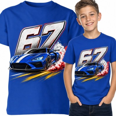 Koszulka chłopięca „67” - sportowe auto w drifcie z dymem spod kół