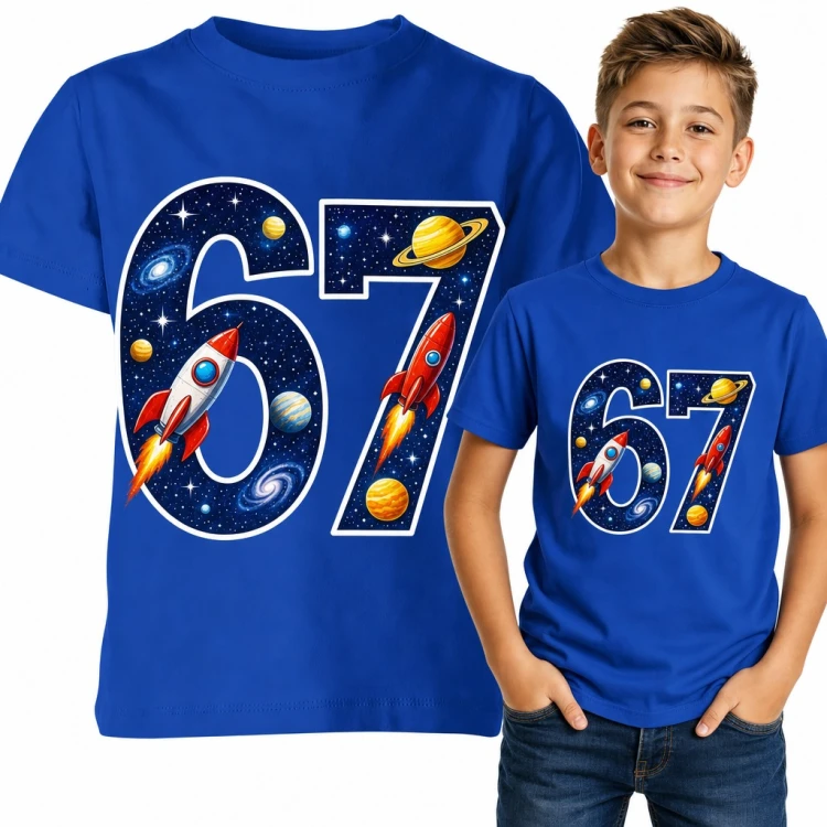Koszulka chłopięca „67” - mem Six Seven z rakietami i planetami