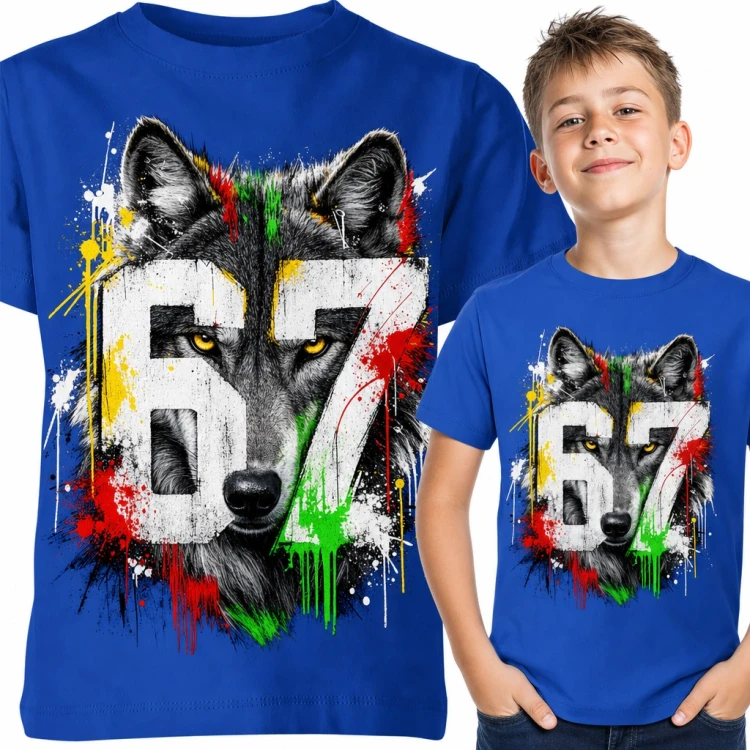 Koszulka chłopięca „67” z wilkiem - mem Six Seven w stylu graffiti