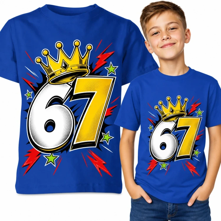 Koszulka chłopięca „67” - mem Six Seven z koroną w stylu komiksu