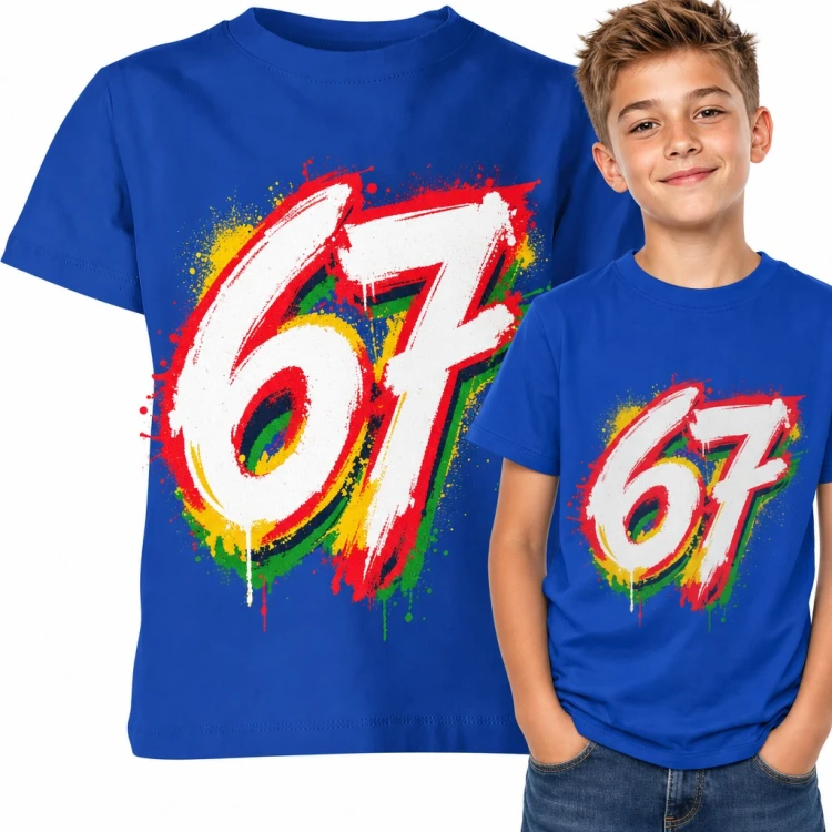 Koszulka chłopięca „67” - viralowy mem z TikToka z farbą spray