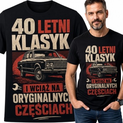 Koszulka męska na 40 urodziny z autem „40-letni klasyk” - motyw retro
