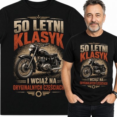 Koszulka męska z motocyklem na 50 urodziny - „50 letni klasyk”