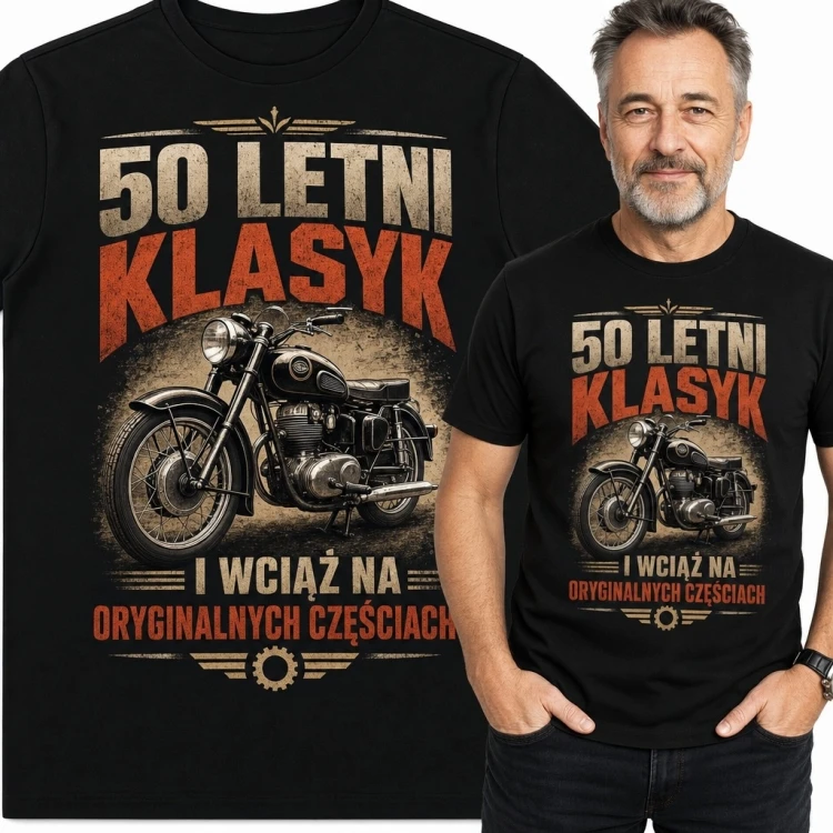 Koszulka męska z motocyklem na 50 urodziny - „50 letni klasyk”
