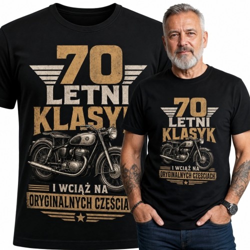 Koszulka męska na 70 urodziny z motocyklem - „70 letni klasyk”
