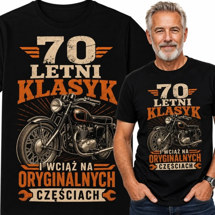 Koszulka męska z motocyklem „70 letni klasyk” na 70 urodziny
