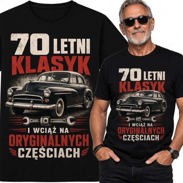 Koszulka męska na 70 urodziny „70 letni klasyk” - motyw samochodowy