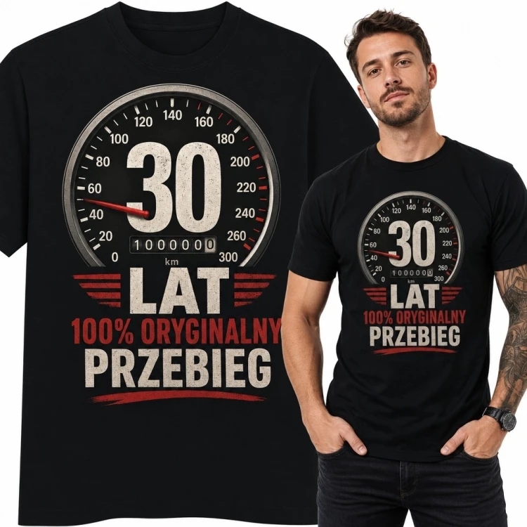 Koszulka męska na 30 urodziny z prędkościomierzem „30 lat” i napisem „100% oryginalny przebieg”
