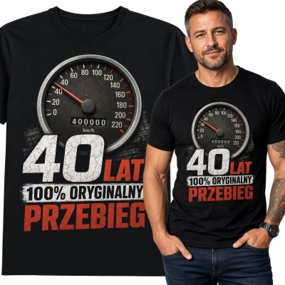Koszulka męska na 40 urodziny z prędkościomierzem - „100% oryginalny przebieg”