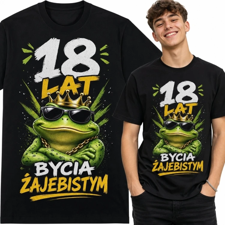 Koszulka męska na 18 urodziny z żabą - „18 lat bycia żajebistym”