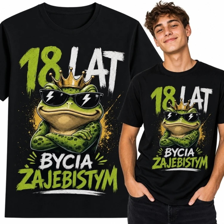 Koszulka męska na 18 urodziny z żabą „18 lat bycia żajebistym” - śmieszny nadruk
