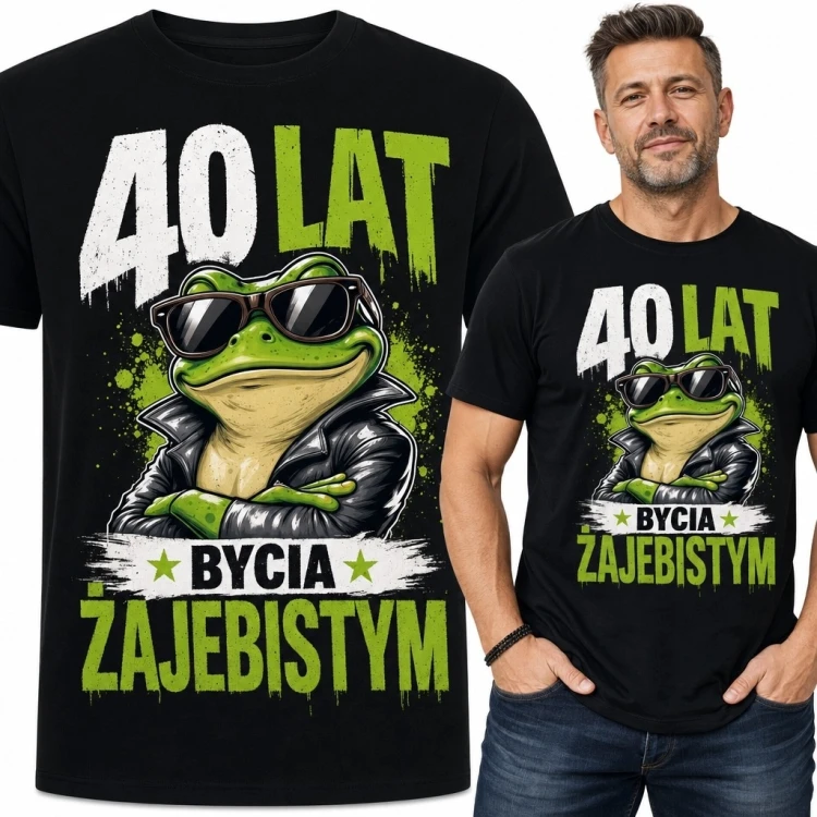 Koszulka męska na 40 urodziny z żabą - „40 lat bycia żajebistym”