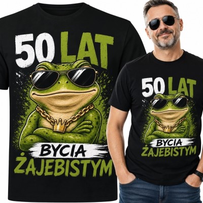 Koszulka męska na 50 urodziny z żabą „50 lat bycia żajebistym” - czarna