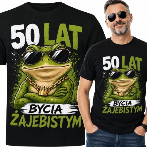 Koszulka męska na 50 urodziny z żabą „50 lat bycia zajebistym” - czarna
