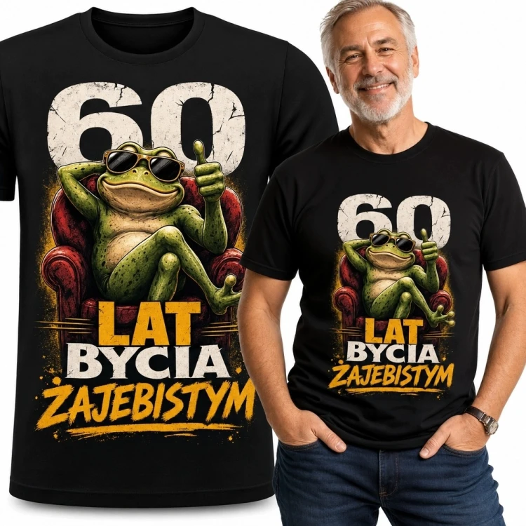 Koszulka męska na 60 urodziny z żabą - „60 lat bycia żajebistym”