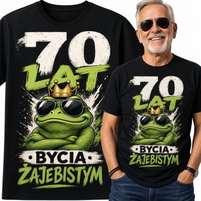 Koszulka męska na 70 urodziny „70 lat bycia żajebistym” - żaba w koronie