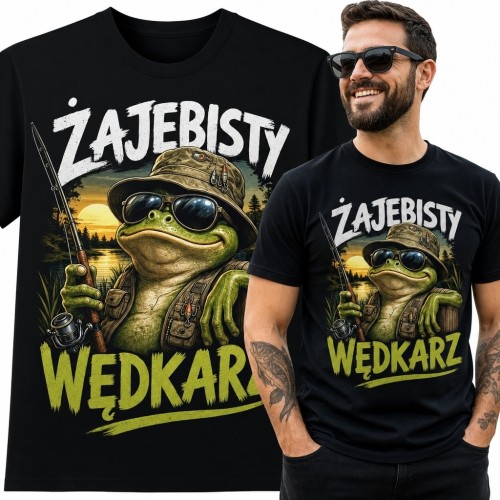 Koszulka męska dla wędkarza „Zajebisty wędkarz” - żaba w kapeluszu i okularach