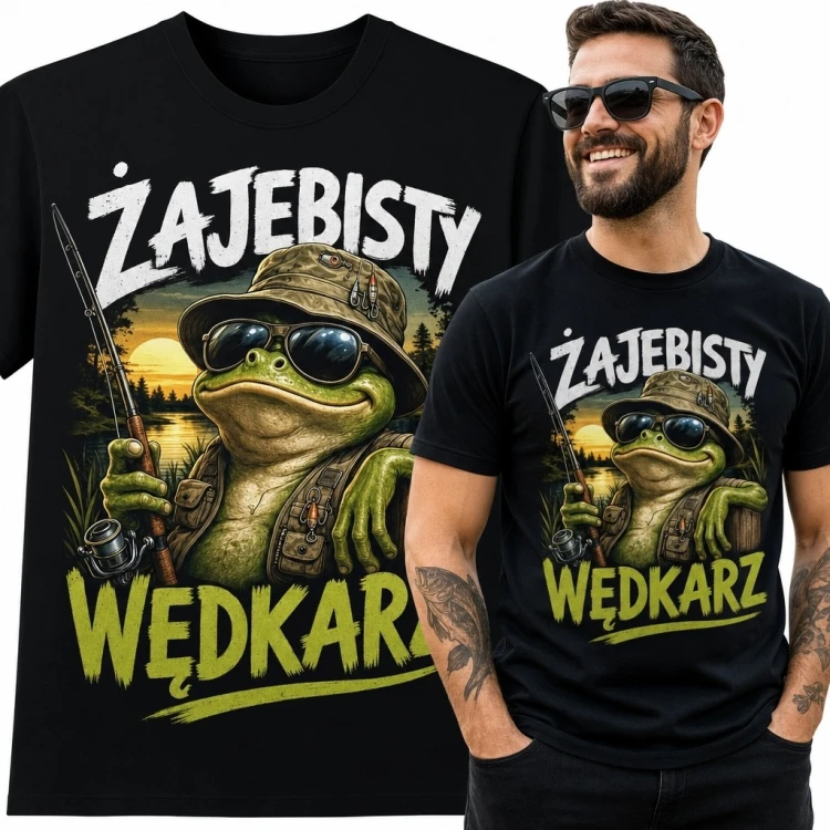 Koszulka męska dla wędkarza „Żajebisty wędkarz” - żaba w kapeluszu i okularach
