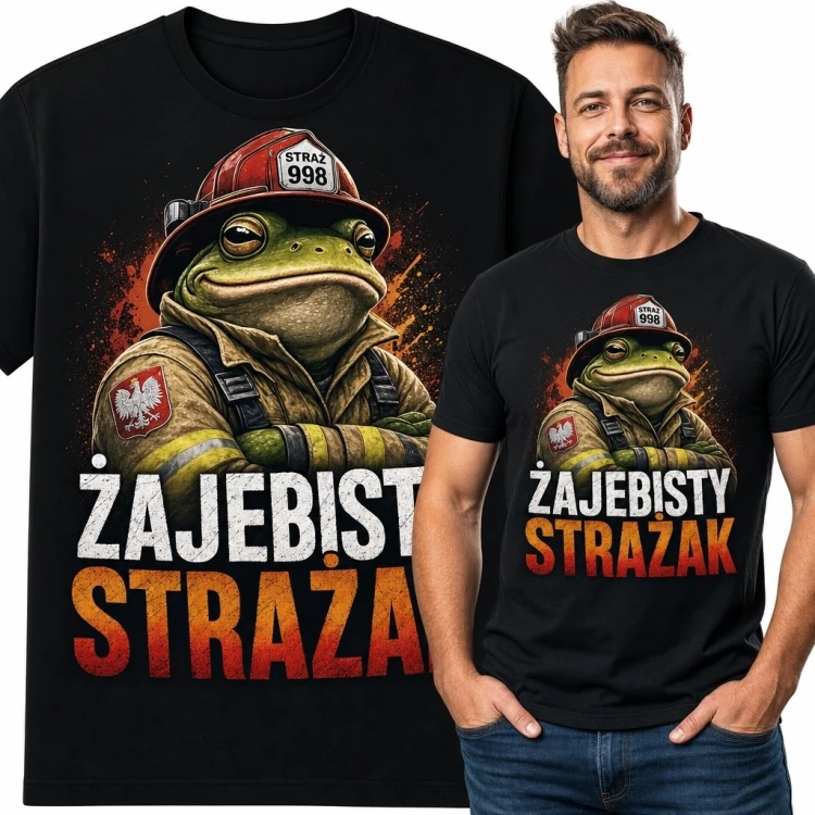 Koszulka męska dla strażaka z żabą „Żajebisty strażak” - humorystyczny wzór