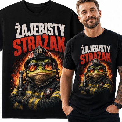 Koszulka męska dla strażaka z żabą i napisem „Żajebisty strażak” - humor zawodowy