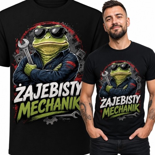 Koszulka męska dla mechanika z żabą „Żajebisty mechanik” - motoryzacyjny humor