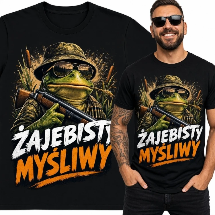 Koszulka męska dla myśliwego z żabą - „Żajebisty myśliwy”