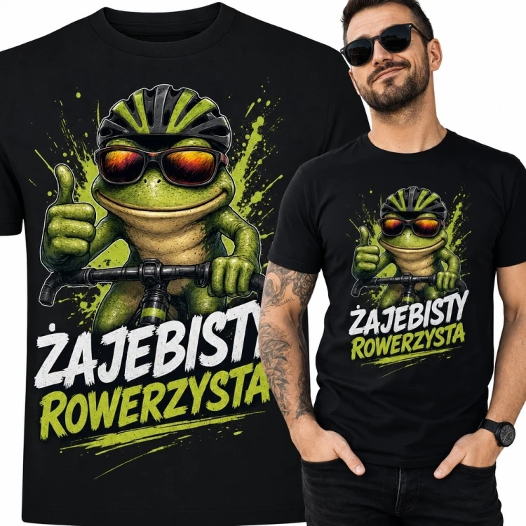 Koszulka męska dla rowerzysty „Żajebisty rowerzysta” - żaba w kasku