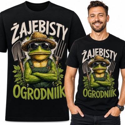 Koszulka męska „Żajebisty ogrodnik” - żaba z łopatą i widłami