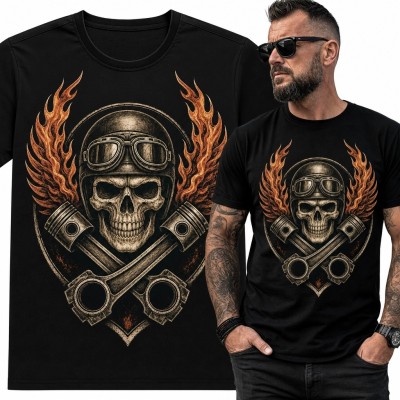 Koszulka męska z czaszką i motocyklowymi tłokami - mroczny motyw retro