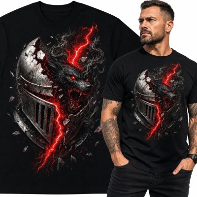 Koszulka męska z demoniczną bestią w pękniętym hełmie - dark fantasy