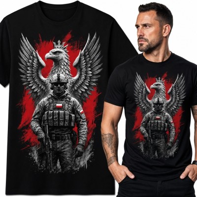 Koszulka męska z polskim orłem i żołnierzem - patriotyczny motyw militarny
