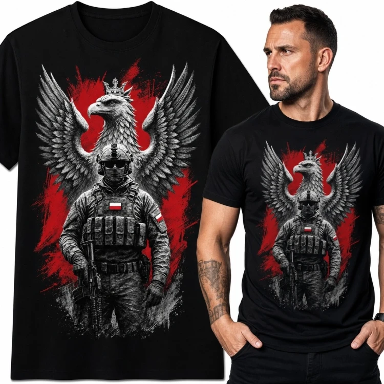 Koszulka męska z polskim orłem i żołnierzem - patriotyczny motyw militarny