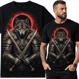 Koszulka męska z wilczym wojownikiem i mieczami - dark fantasy