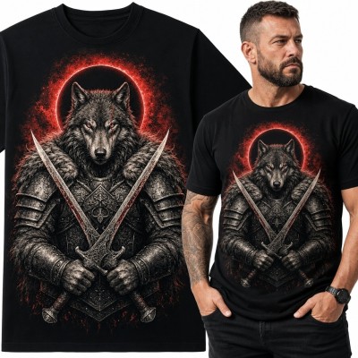 Koszulka męska z wilczym wojownikiem i mieczami - dark fantasy