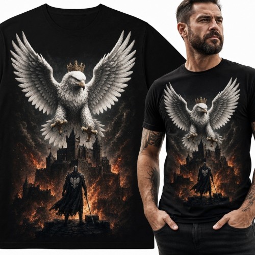 Koszulka męska z rycerzem, koronowanym orłem i zamkiem - dark fantasy