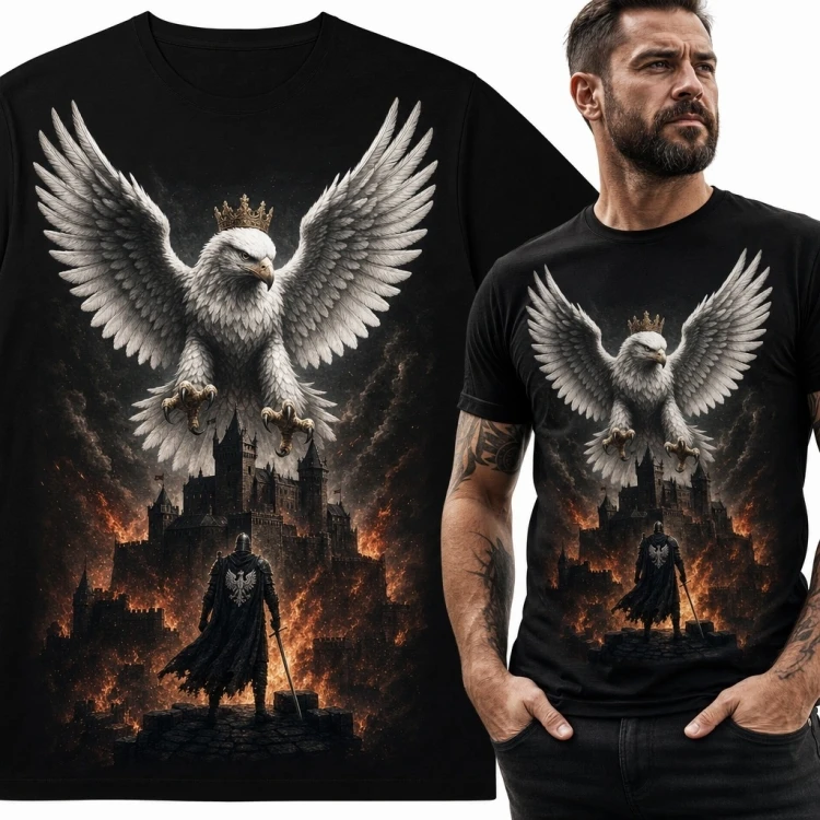 Koszulka męska z rycerzem, koronowanym orłem i zamkiem - dark fantasy