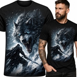 Koszulka męska z wojownikiem i olbrzymim wilkiem - mroczne fantasy
