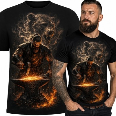 Koszulka męska z kowalem i widmowym niedźwiedziem - dark fantasy