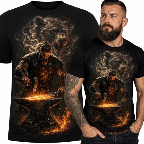 Koszulka męska z kowalem i widmowym niedźwiedziem - dark fantasy