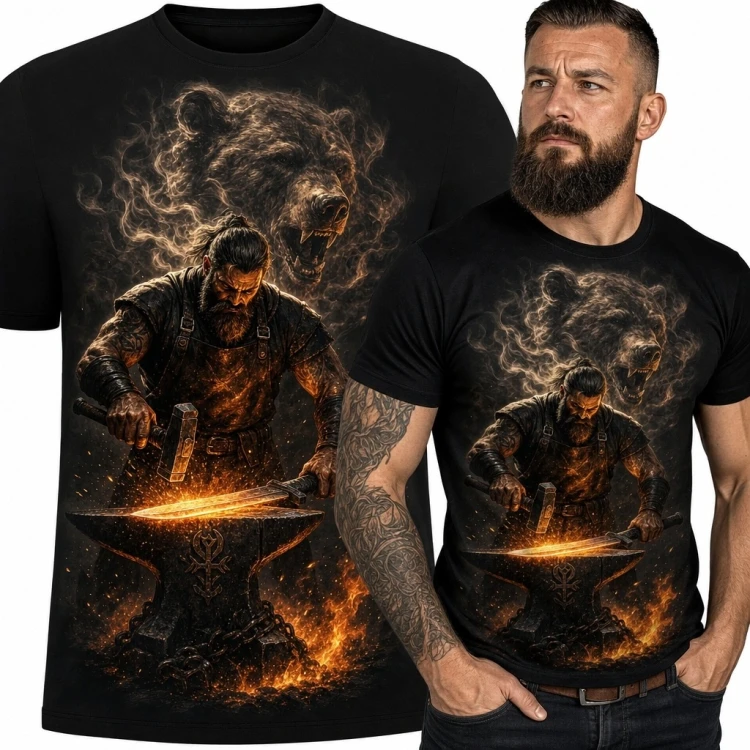 Koszulka męska z kowalem i widmowym niedźwiedziem - dark fantasy