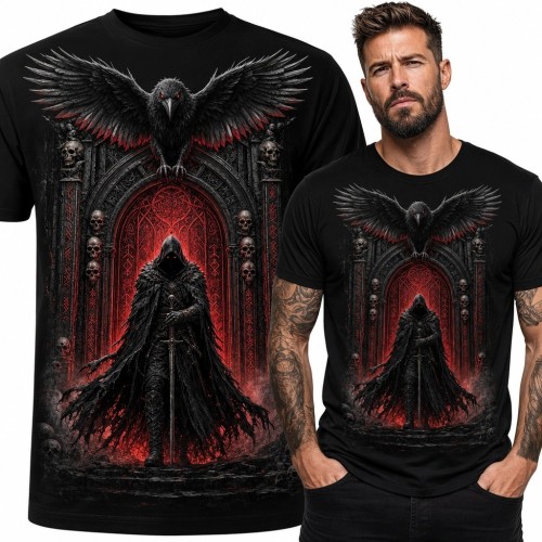 Koszulka męska z krukiem i zakapturzonym wojownikiem - gotycki motyw dark fantasy