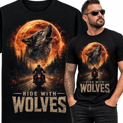 Koszulka męska dla motocyklisty z wilkiem „Ride with Wolves” - ognisty księżyc