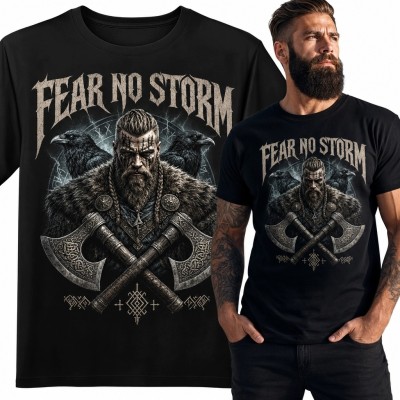 Koszulka męska z wikińskim wojownikiem i napisem „Fear No Storm” - kruki i topory