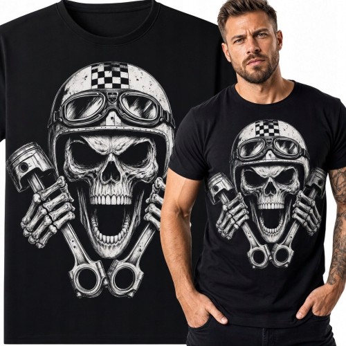 Koszulka męska z czaszką motocyklisty i tłokami - mroczny wzór biker